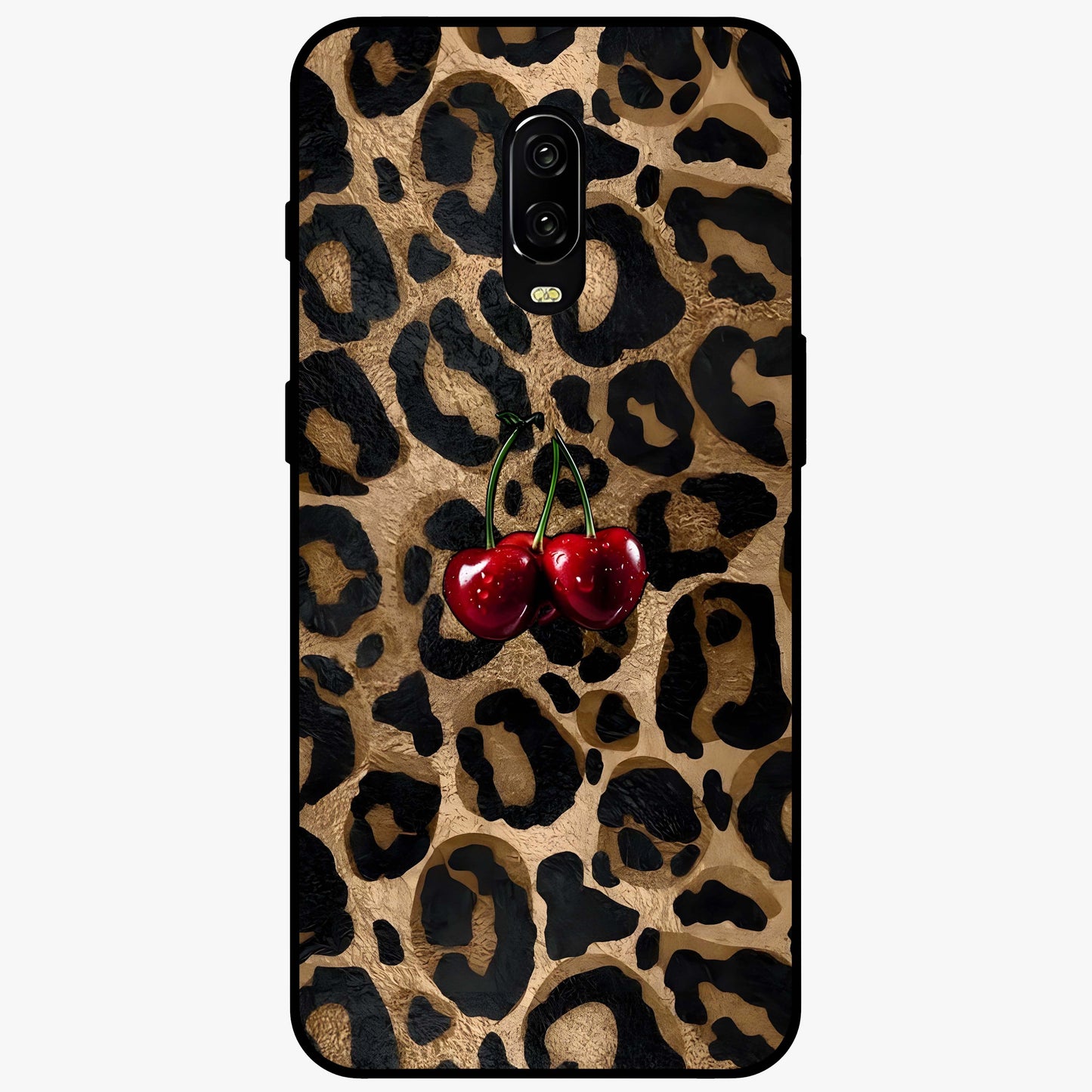 Leopard Wild Cherry Glass Case showing flat back view with leopard pattern and cherry artwork and glossy glass finish.