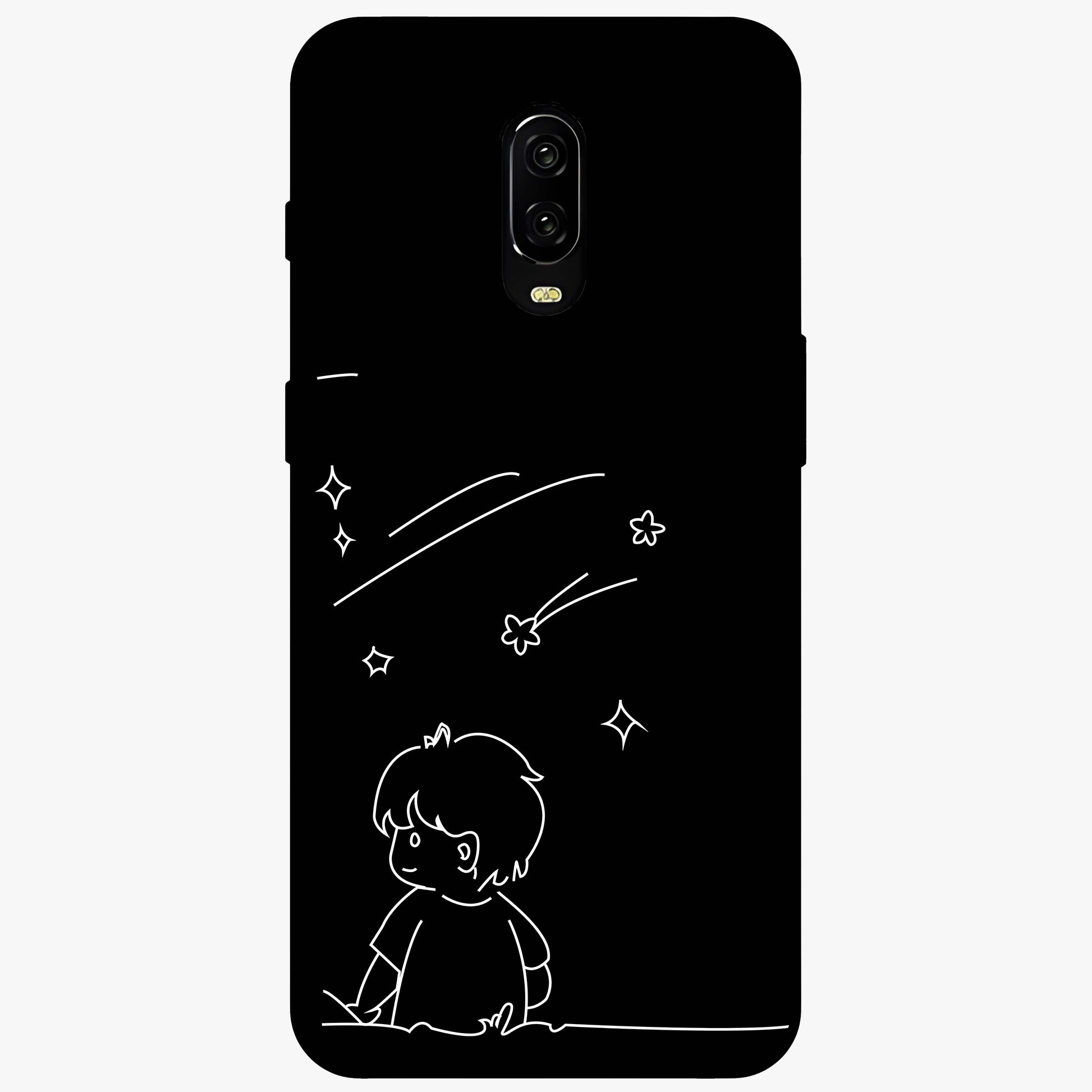 Line Art Boy With Shooting Stars Glass Case showing flat back view with minimal line art boy and shooting stars illustration and glossy glass finish.