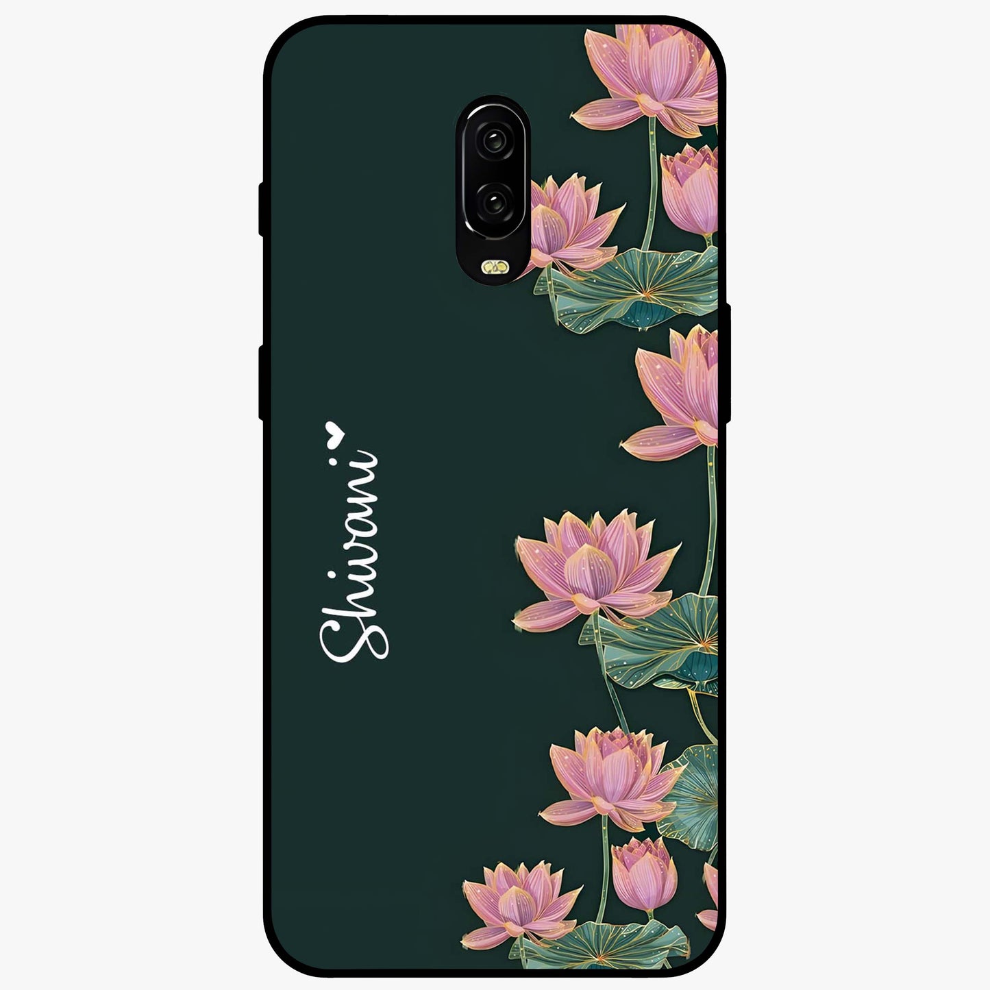 Lotus Bloom Serenity Custom Name Glass Case showing flat back view with elegant lotus flower artwork and personalized name design.
