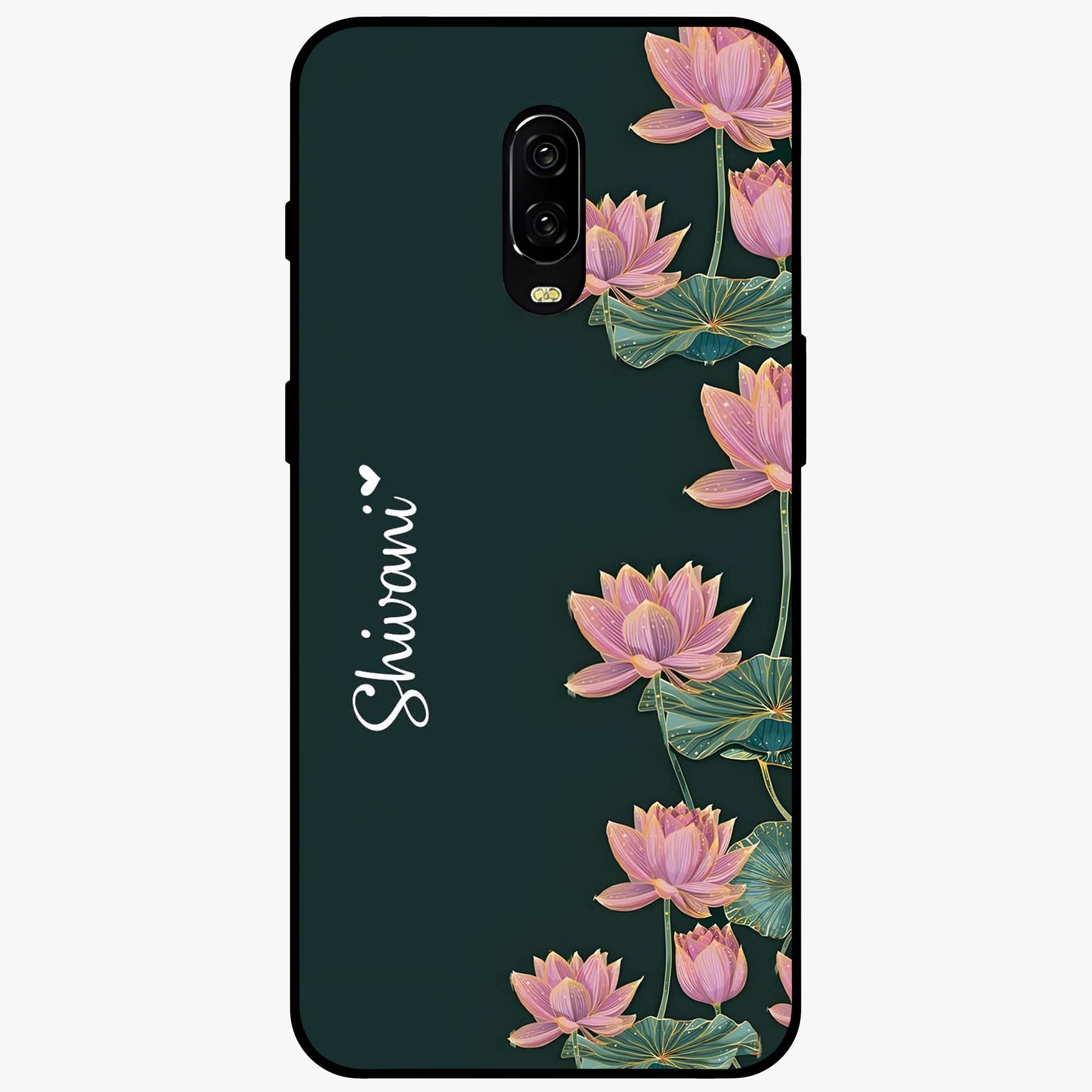 Lotus Bloom Serenity Custom Name Glass Case showing flat back view with elegant lotus flower artwork and personalized name design.