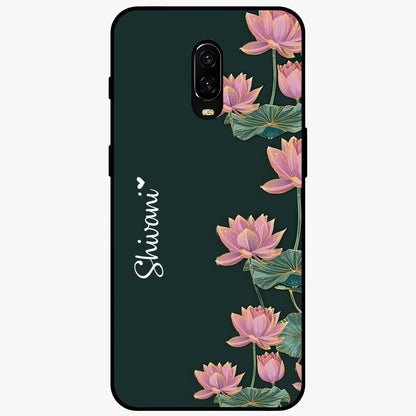 Lotus Bloom Serenity Custom Name Glass Case showing flat back view with elegant lotus flower artwork and personalized name design.
