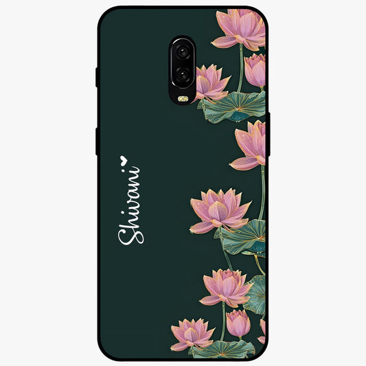 Lotus Bloom Serenity Custom Name Glass Case showing flat back view with elegant lotus flower artwork and personalized name design.