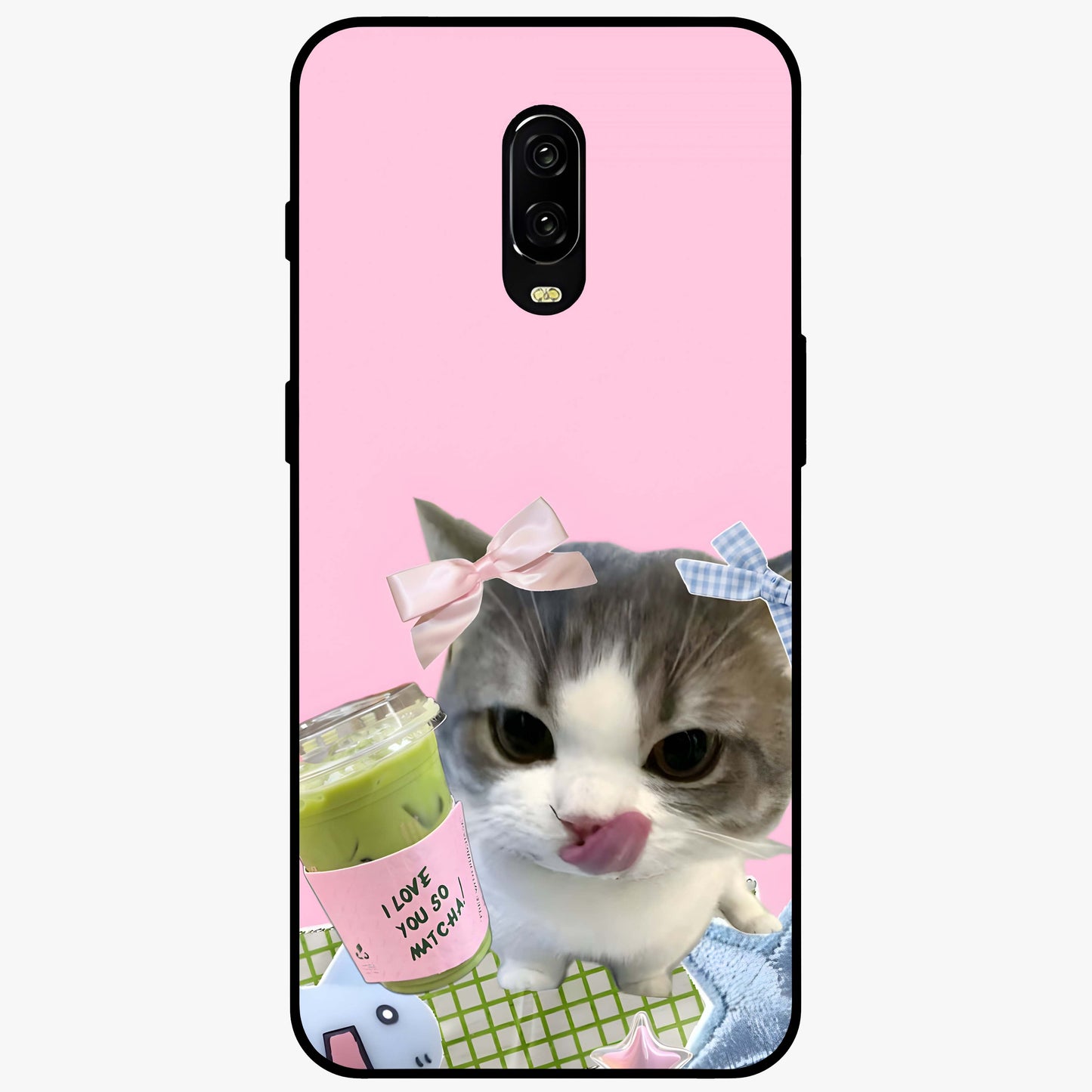Love Matcha Cat Glass Case showing flat back view with cute cat and matcha themed artwork and glossy glass finish.