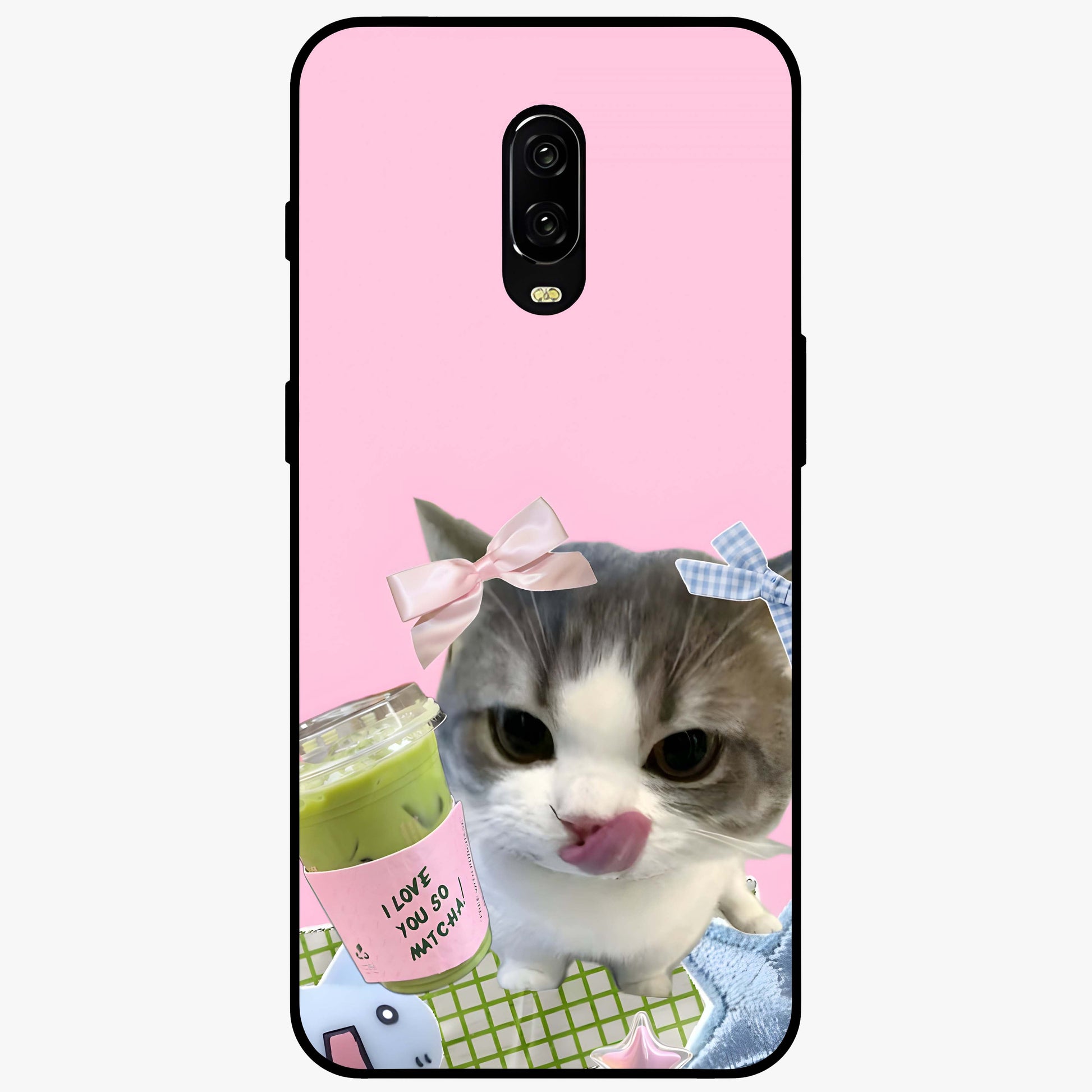 Love Matcha Cat Glass Case showing flat back view with cute cat and matcha themed artwork and glossy glass finish.
