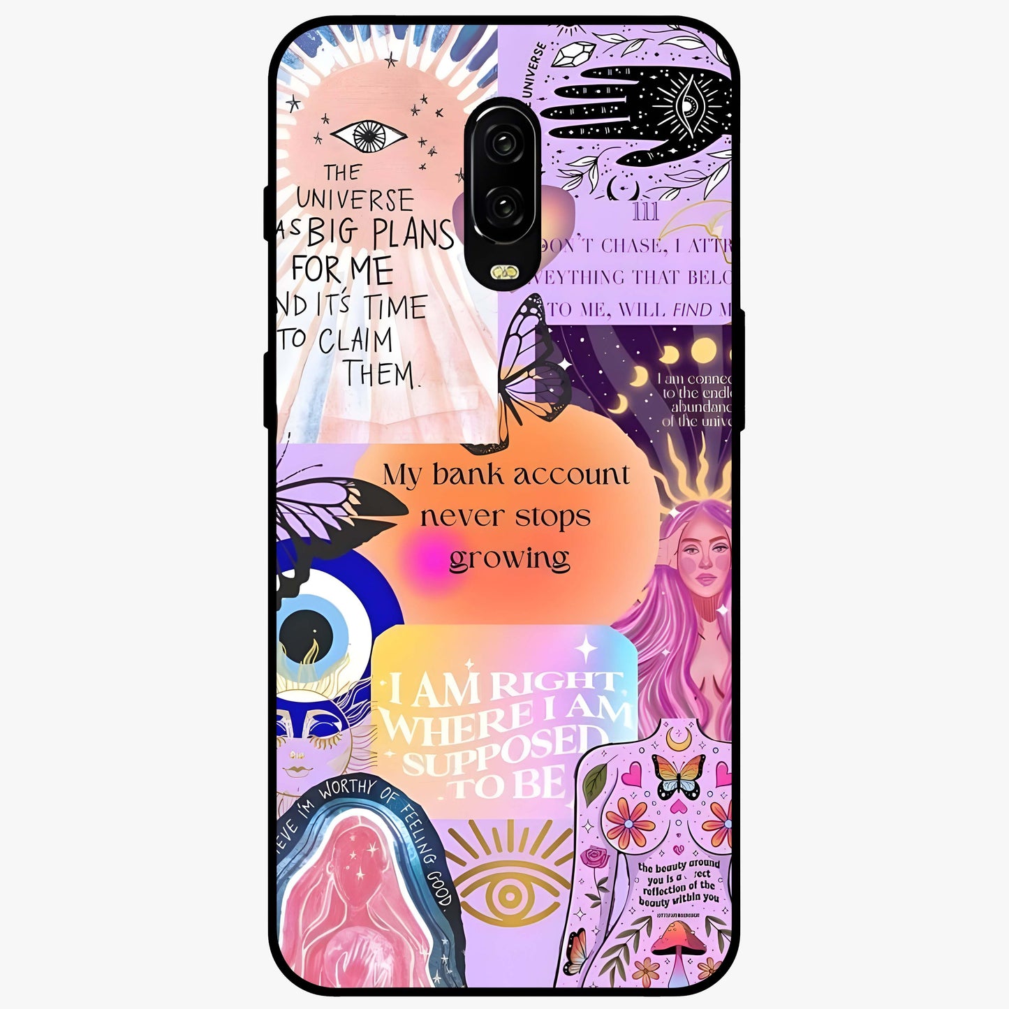 Manifestation Collage Glass Case showing flat back view with motivational collage artwork and glossy glass finish.