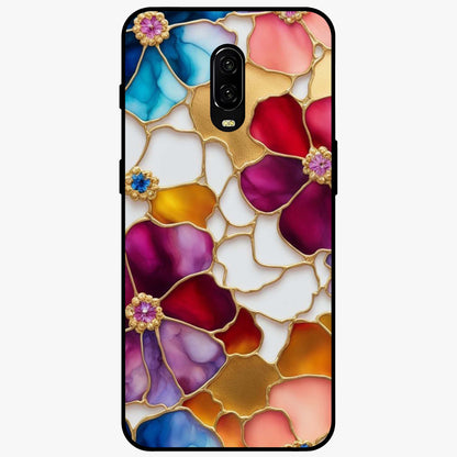Marble Flower Pattern Glass Case showing flat back view with marble texture floral artwork and glossy glass finish.
