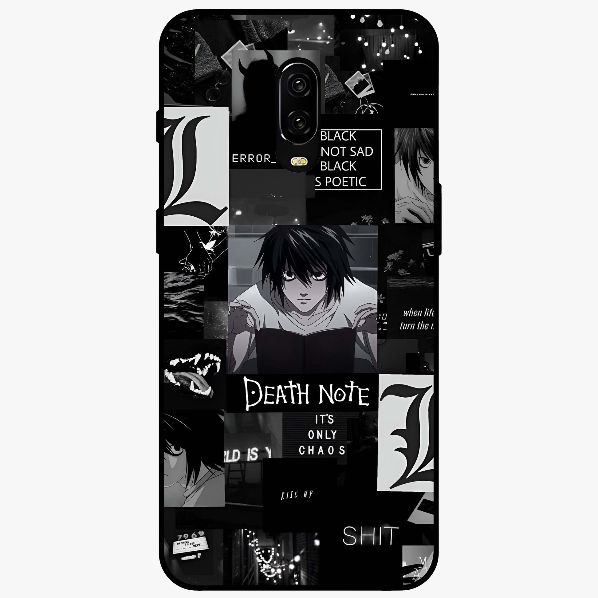 Midnight Chaos Mind Glass Case showing flat back view with abstract dark themed artwork and glossy glass finish.