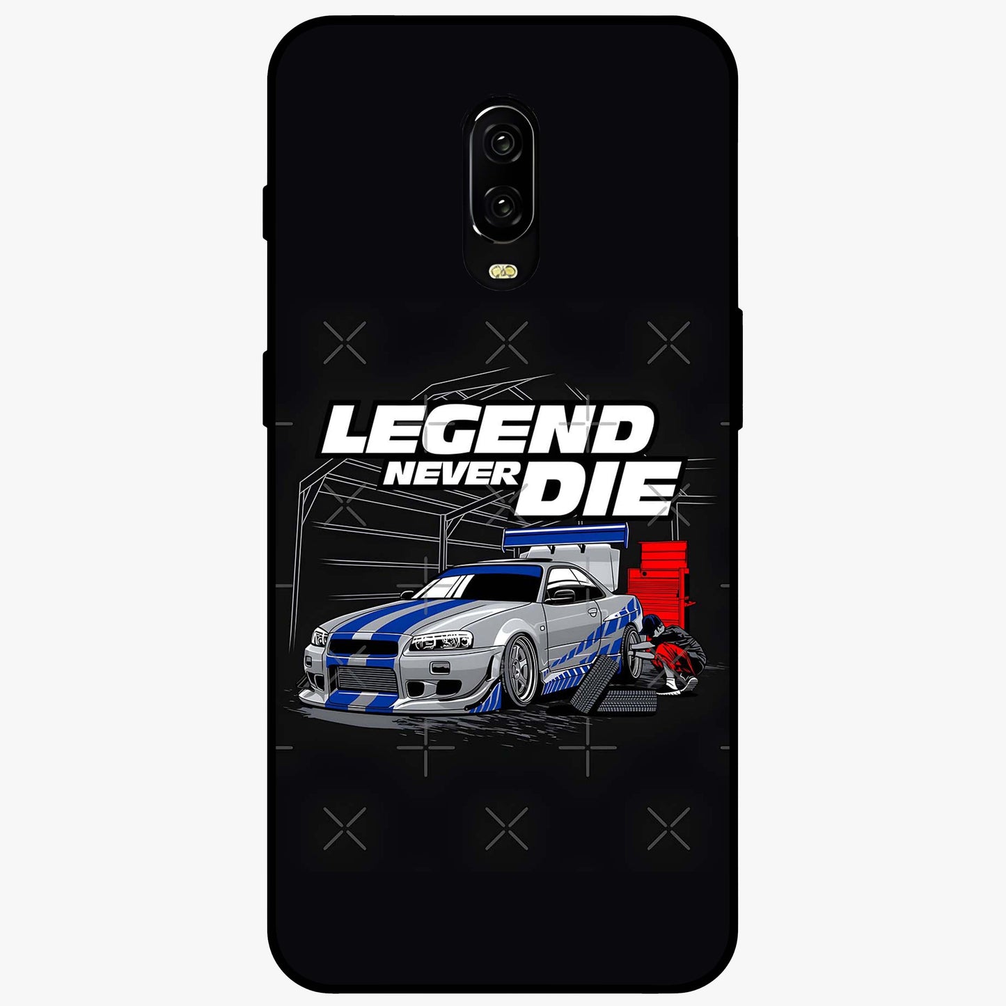 Midnight Racing Legacy Glass Case showing flat back view with sleek racing inspired artwork and glossy glass finish.