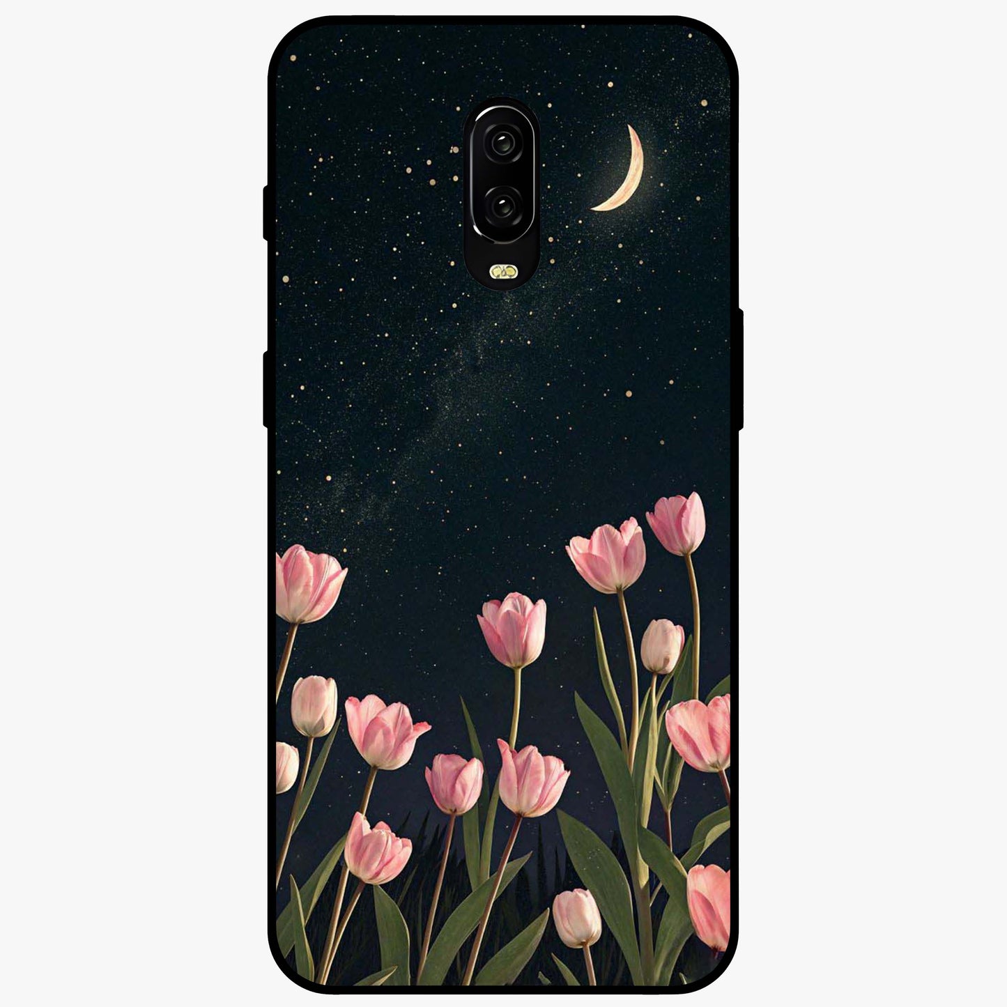 Midnight Tulip Whispers Vibe Glass Case showing flat back view with elegant tulip flower artwork and glossy glass finish.