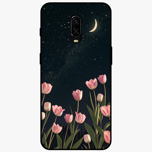 Midnight Tulip Whispers Vibe Glass Case showing flat back view with elegant tulip flower artwork and glossy glass finish.