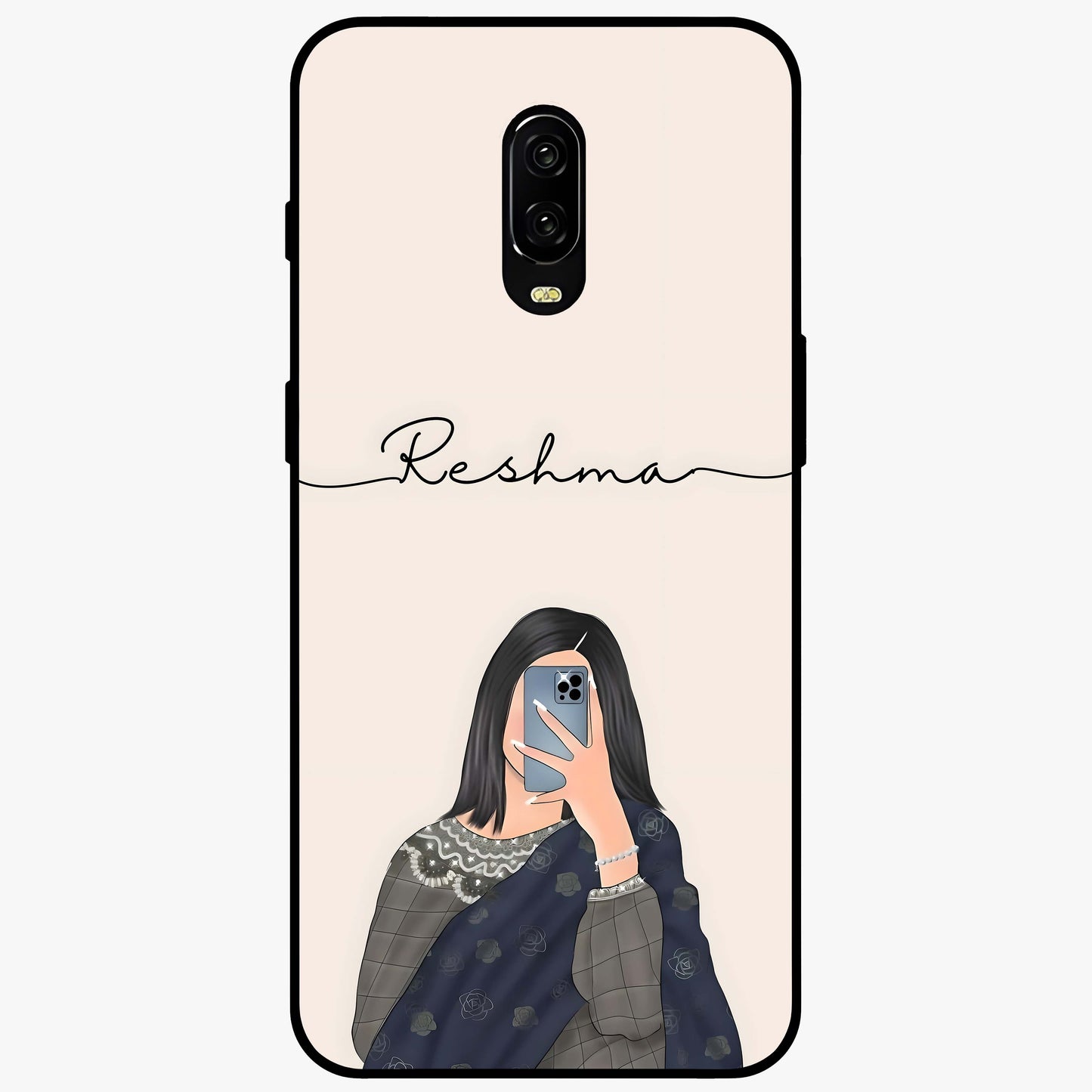 Mirror Mood Muse With Custom Name Glass Case showing flat back view with stylish mirrored artwork and personalized name design.