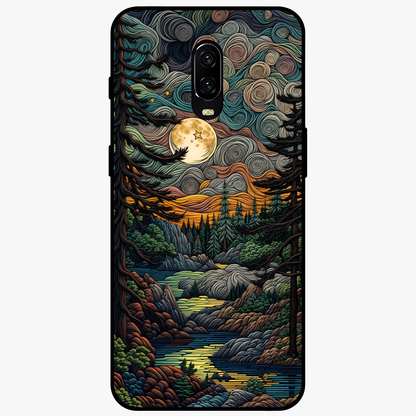 Moonlight Forest Dream Glass Case showing flat back view with mystical forest moonlight artwork and glossy glass finish.