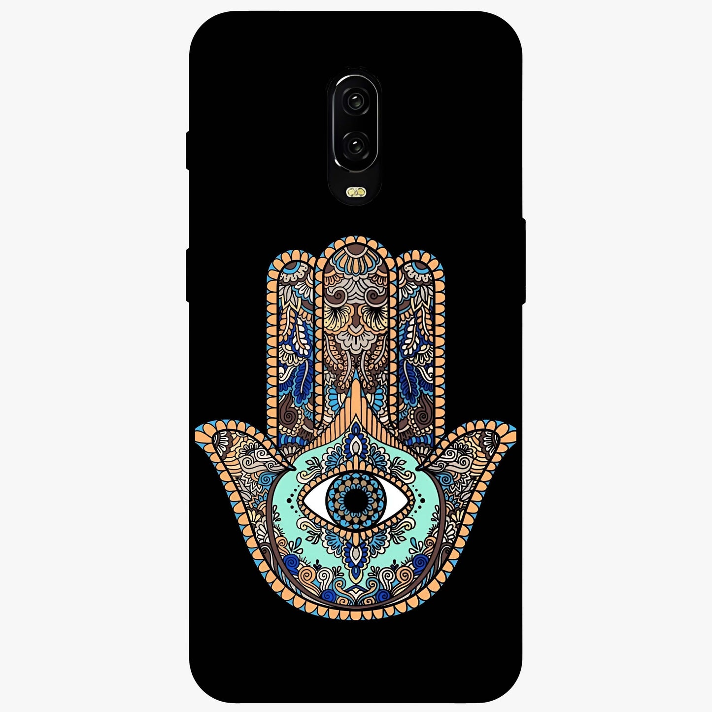 Mystic Hamsa Eye Glass Case showing flat back view with protective hamsa hand and evil eye artwork and glossy glass finish.