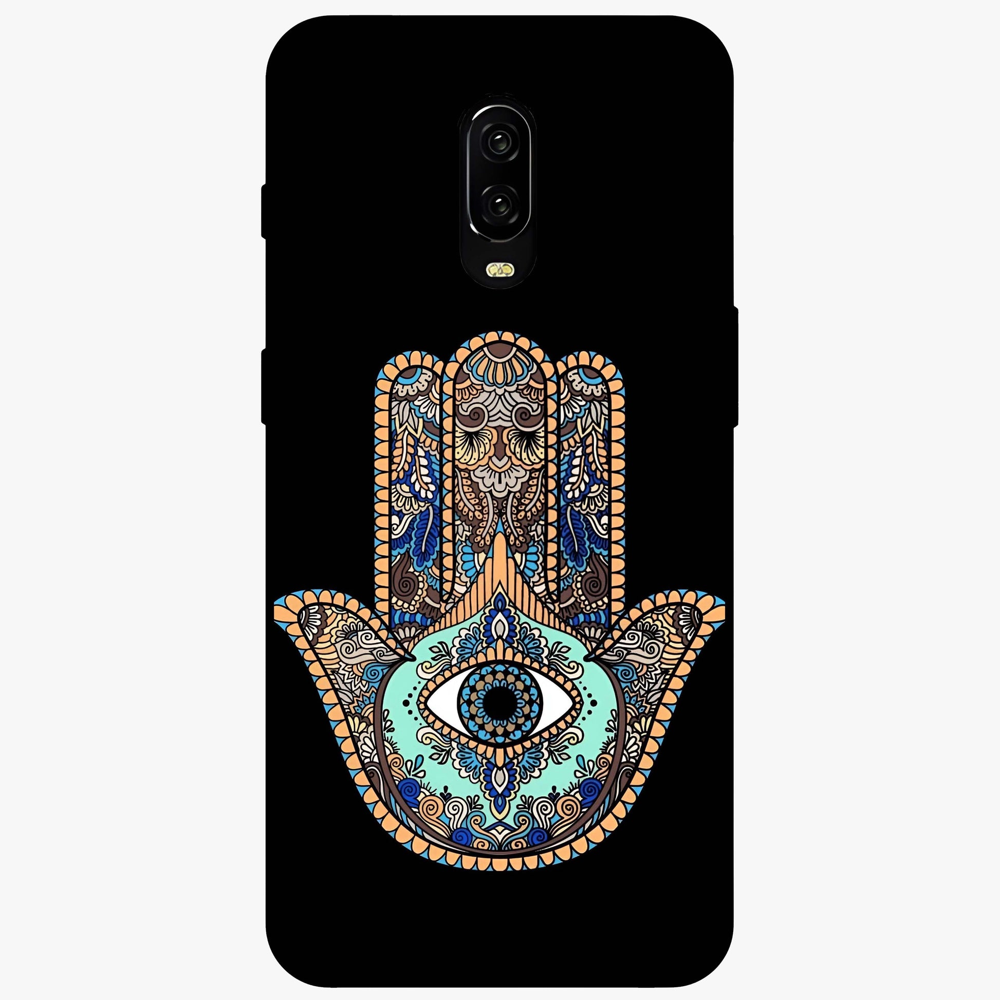 Mystic Hamsa Eye Glass Case showing flat back view with protective hamsa hand and evil eye artwork and glossy glass finish.