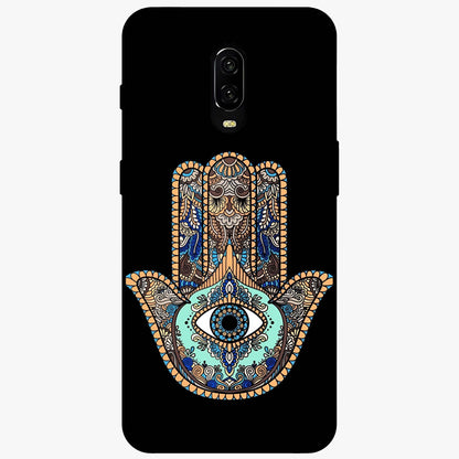 Mystic Hamsa Eye Glass Case showing flat back view with protective hamsa hand and evil eye artwork and glossy glass finish.