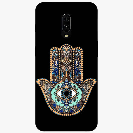 Mystic Hamsa Eye Glass Case showing flat back view with protective hamsa hand and evil eye artwork and glossy glass finish.