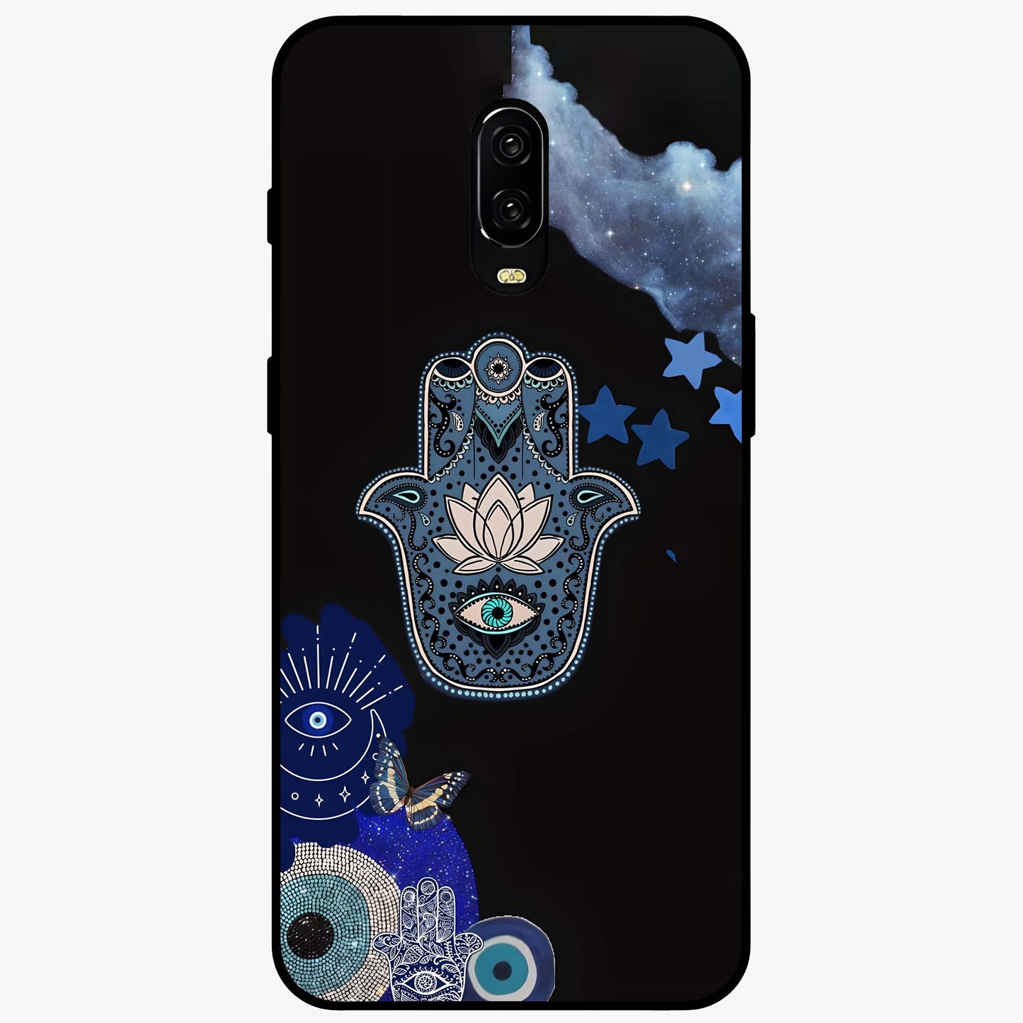 Mystic Hand Aura Glass Case showing flat back view with mystical hand symbol artwork and glossy glass finish.