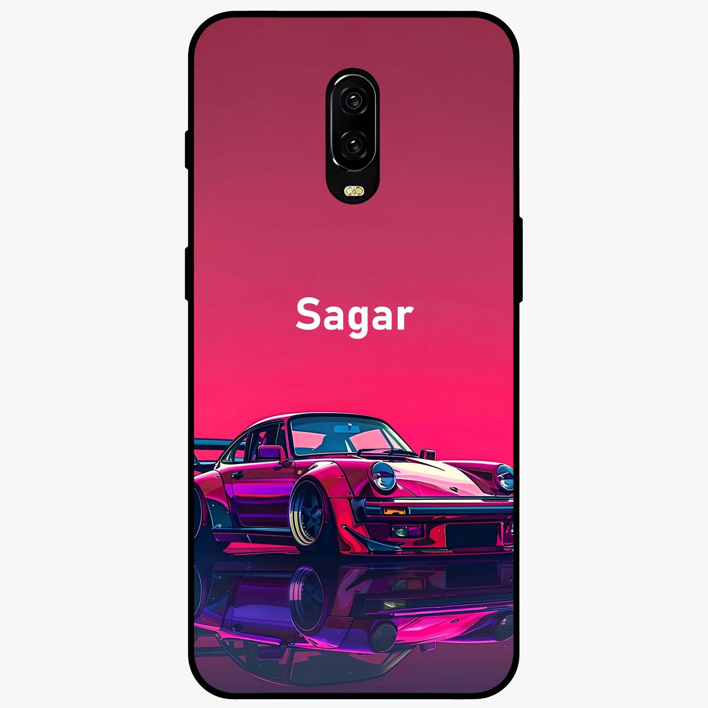 Neon Pink Porsche Glass Case showing flat back view with stylish sports car artwork and glossy glass finish.