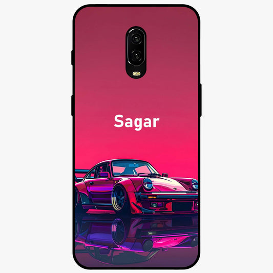 Neon Pink Porsche Glass Case showing flat back view with stylish sports car artwork and glossy glass finish.