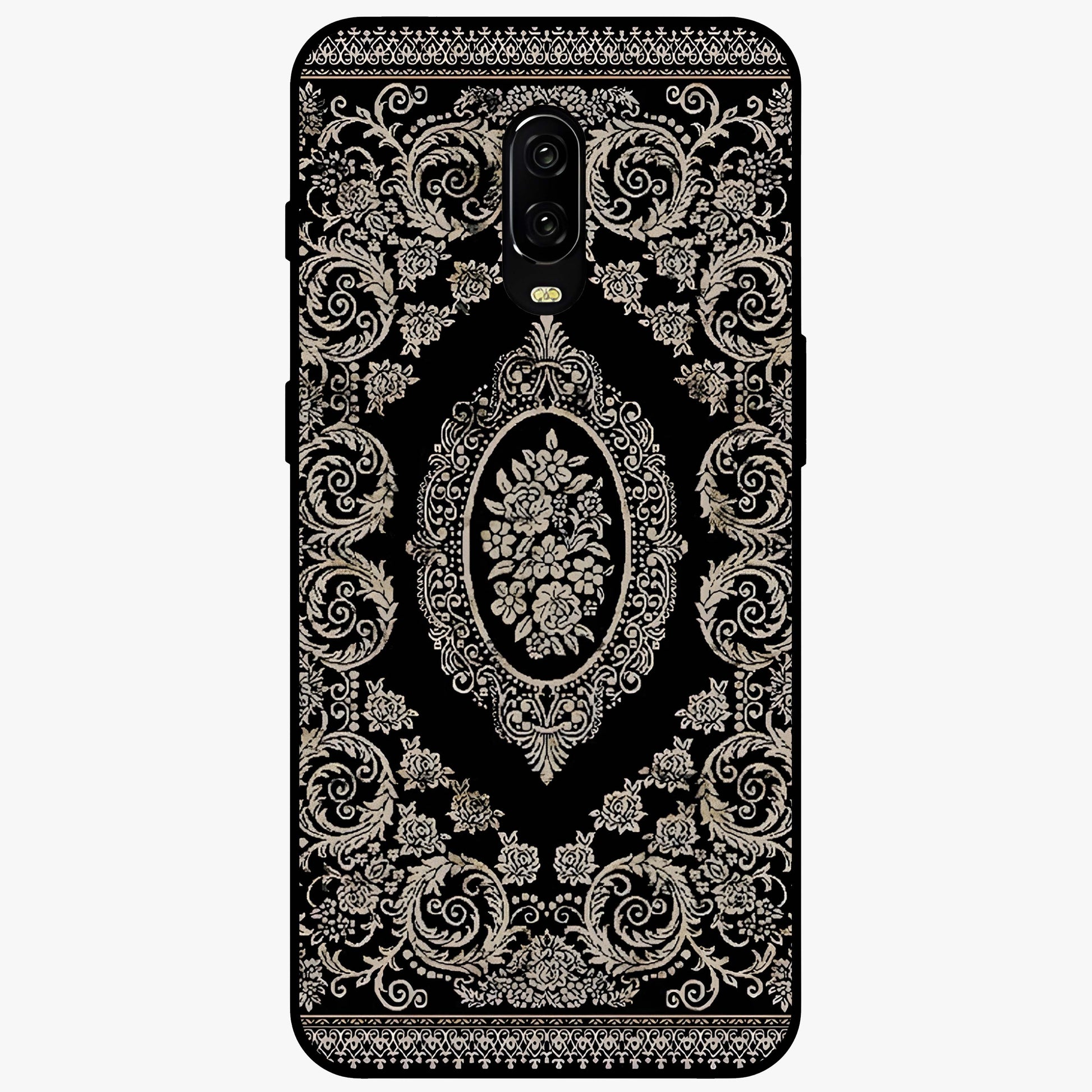 Noir Bloom Elegance Glass Case showing flat back view with elegant dark floral artwork and glossy glass finish.