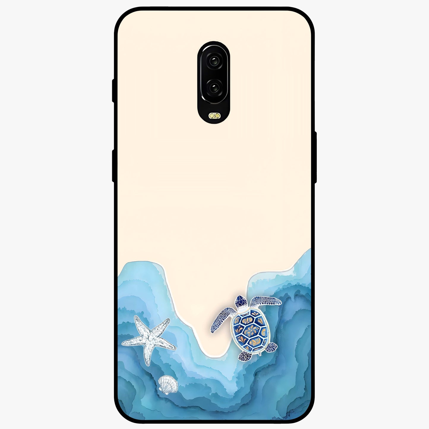 Ocean Drift Turtle Glass Case showing flat back view with sea turtle artwork and glossy glass finish.