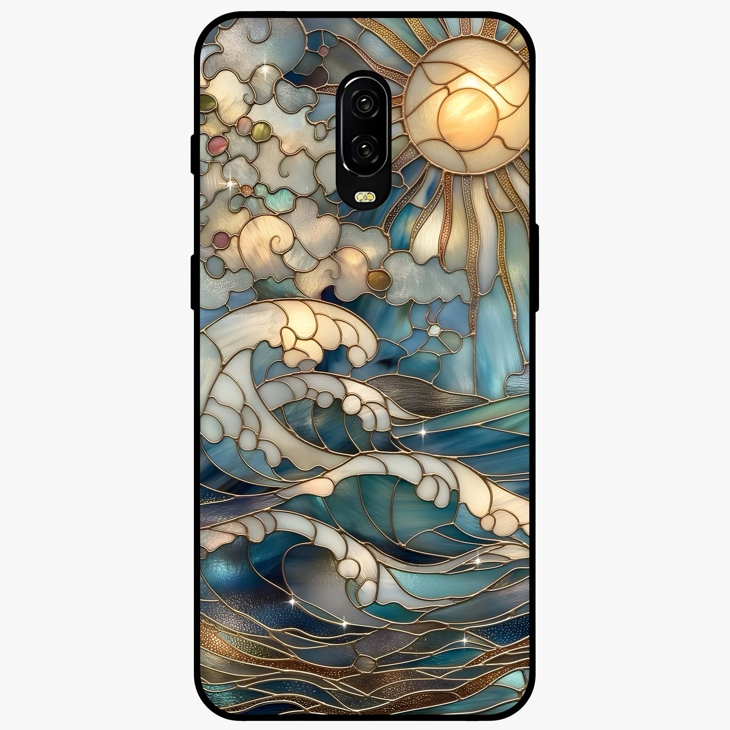 Oceanic Stained Printed Glass Case showing flat back view with ocean inspired stained pattern artwork and glossy glass finish.