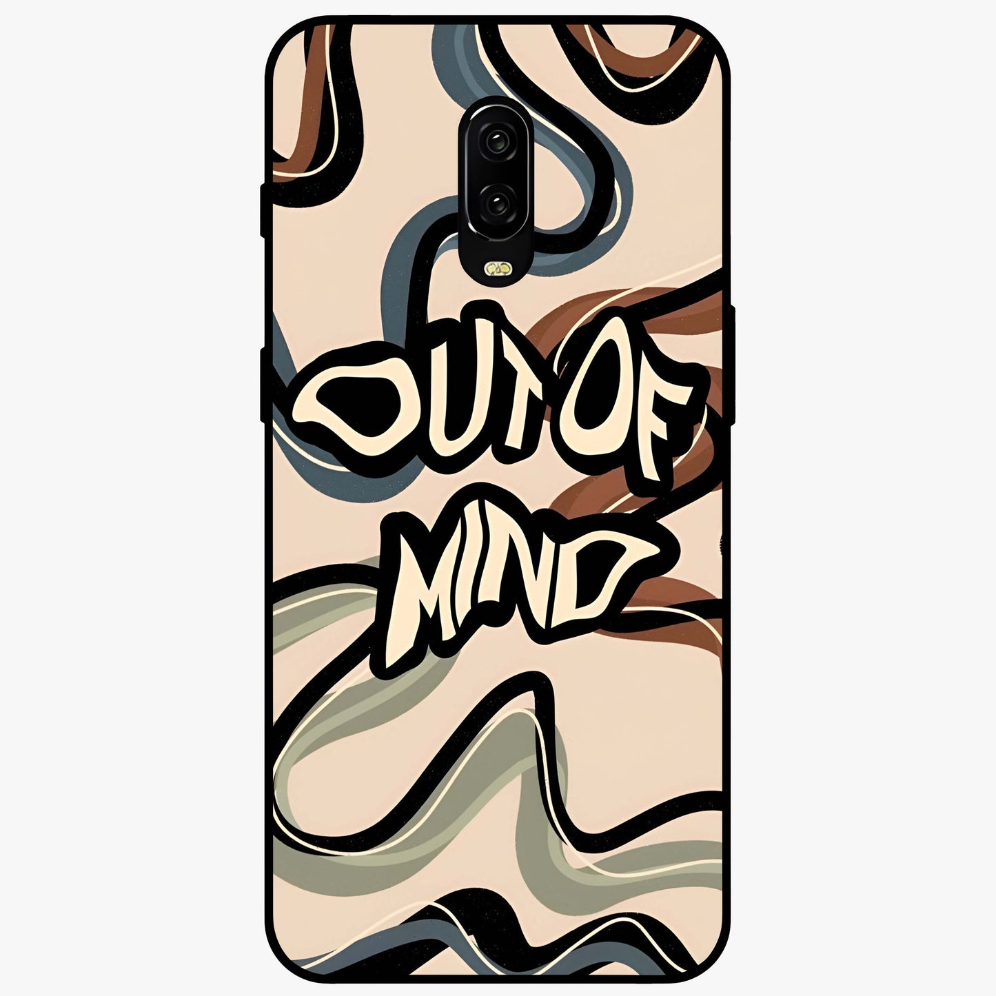 Out Of Mind Glass Case showing flat back view with expressive typography artwork and glossy glass finish.