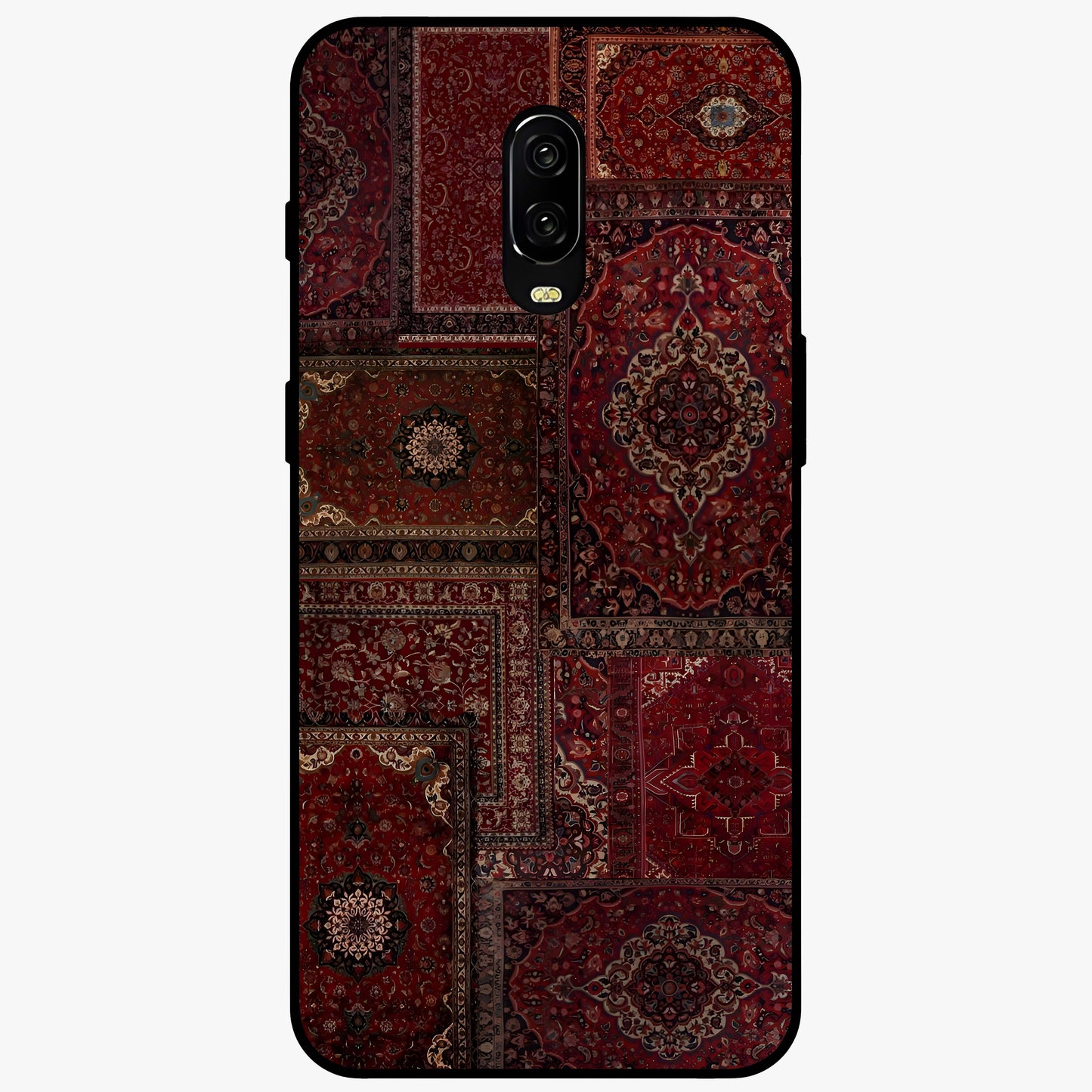 Persian Velvet Tale Glass Case showing flat back view with luxurious Persian velvet pattern artwork and glossy glass finish.