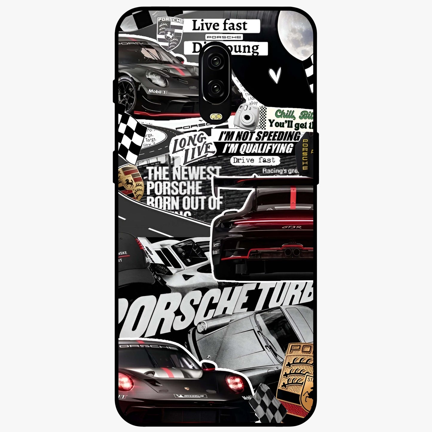 Porsche Racing Collage Glass Case showing flat back view with sports car racing collage artwork and glossy glass finish.