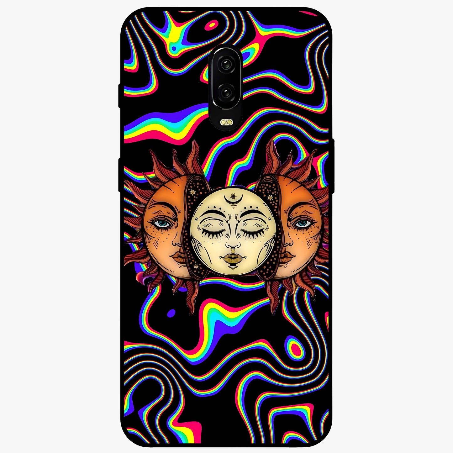 Psychedelic Sun Glass Case showing flat back view with colorful psychedelic sun artwork and glossy glass finish.