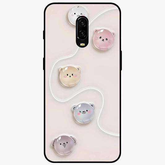 Puffy Face Parade Glass Case showing flat back view with cute puffy character faces artwork and glossy glass finish.