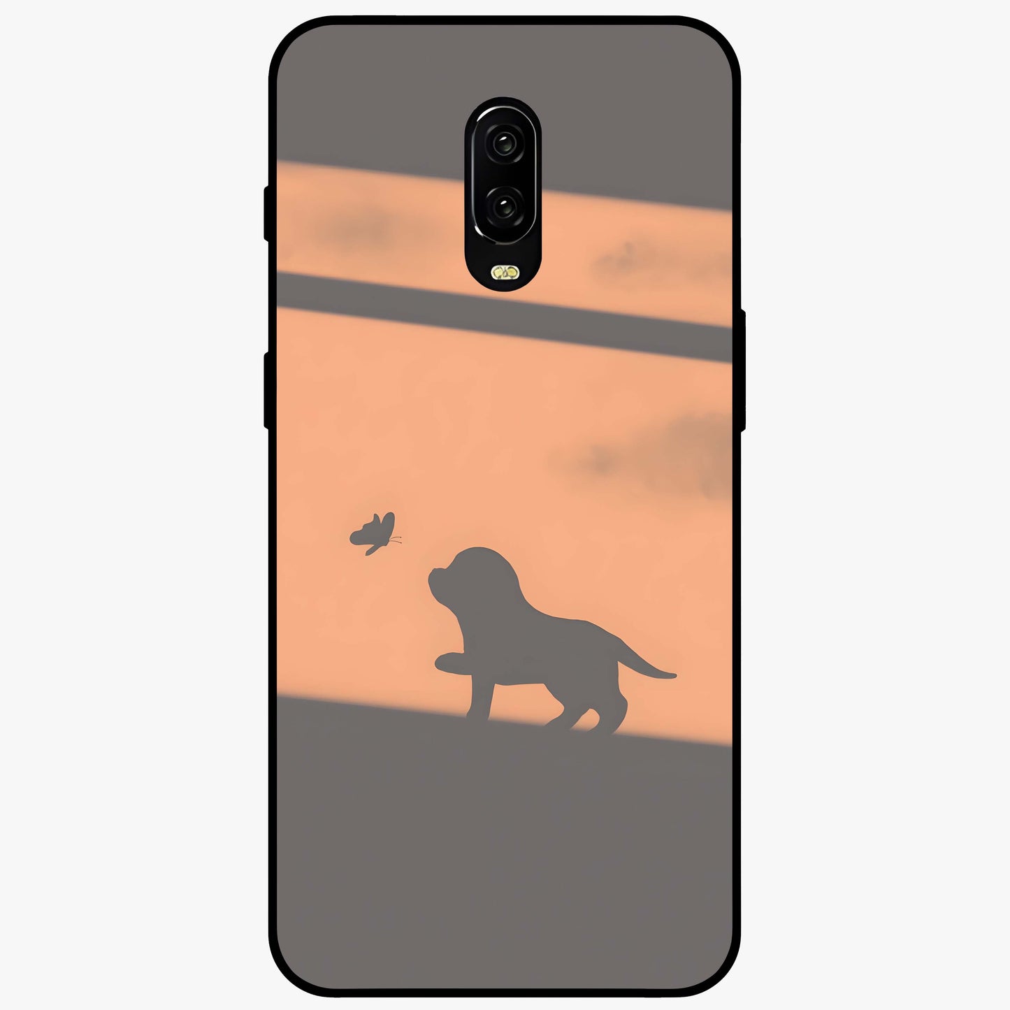 Puppy Shadow Art Glass Case showing flat back view with cute puppy shadow style artwork and glossy glass finish.
