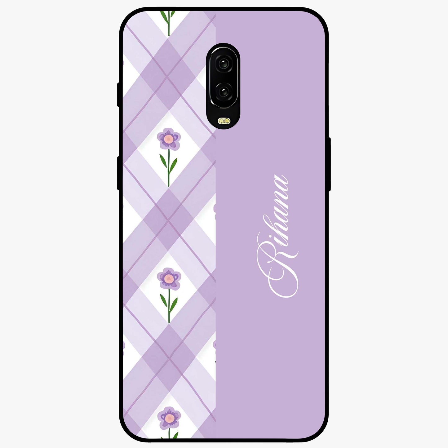Purple Diamond Floral Glass Case showing flat back view with diamond shaped floral artwork and glossy glass finish.
