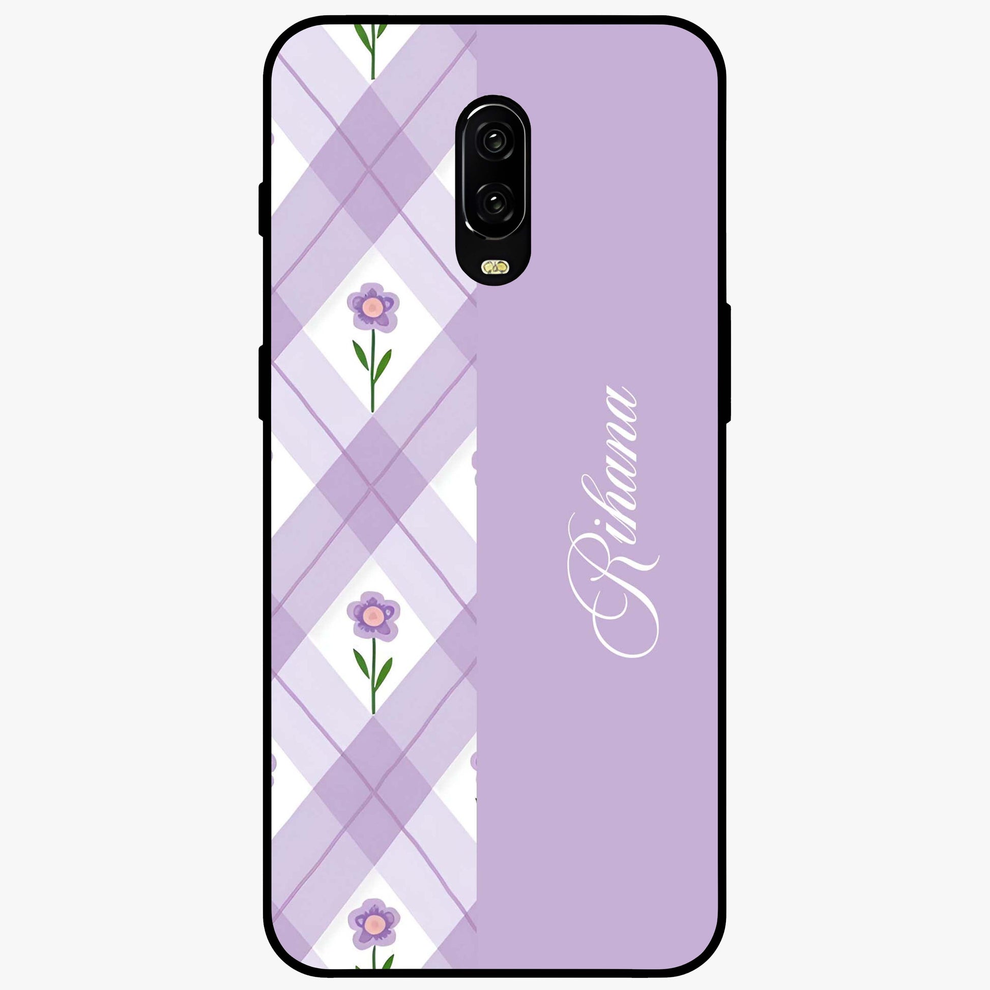Purple Diamond Floral Glass Case showing flat back view with diamond shaped floral artwork and glossy glass finish.