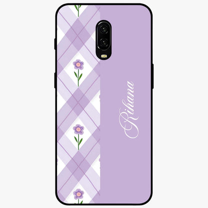 Purple Diamond Floral Glass Case showing flat back view with diamond shaped floral artwork and glossy glass finish.