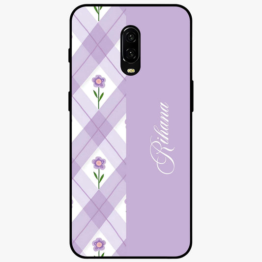 Purple Diamond Floral Glass Case showing flat back view with diamond shaped floral artwork and glossy glass finish.