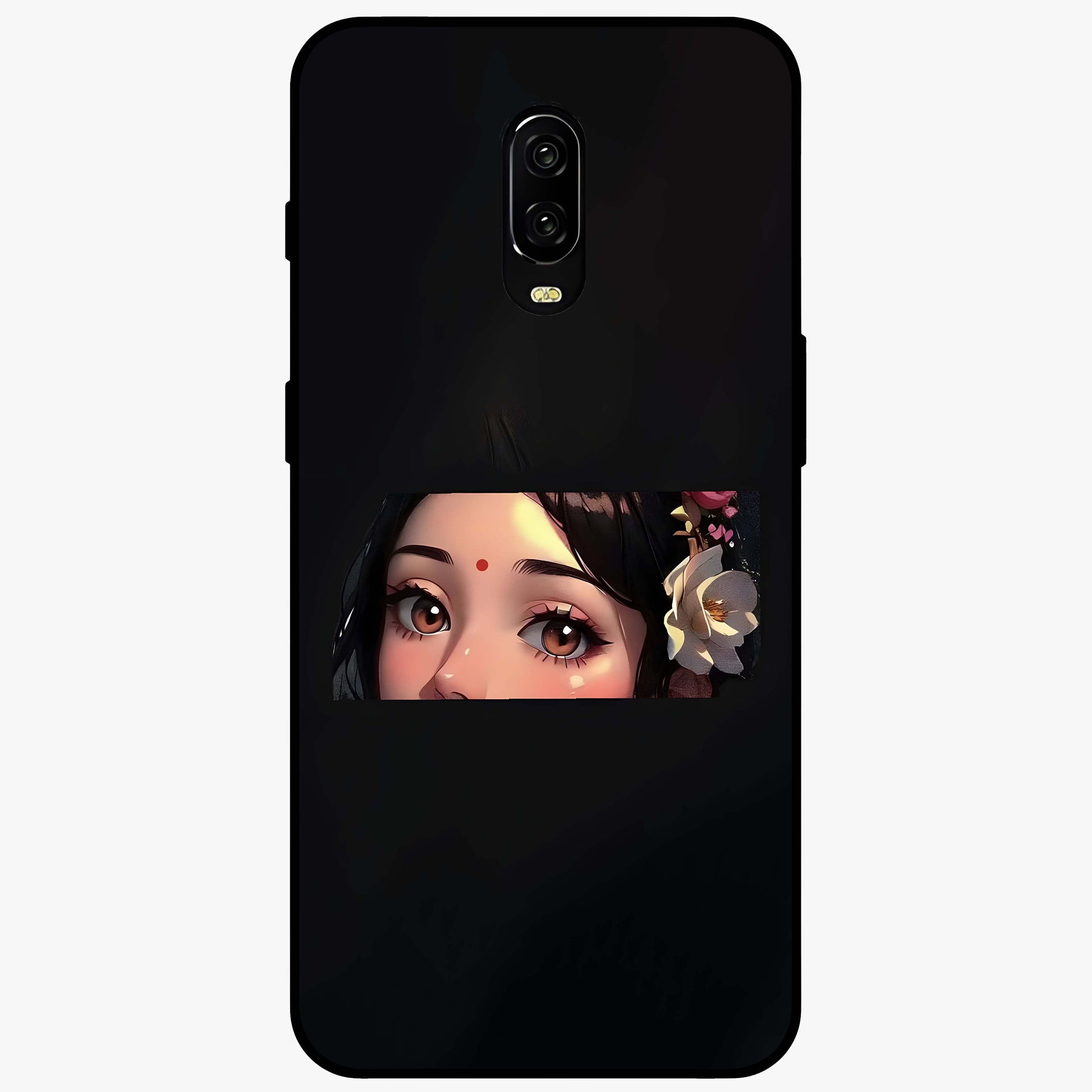 Radha Divine Embrace Glass Case showing flat back view with devotional Radha artwork and glossy glass finish.