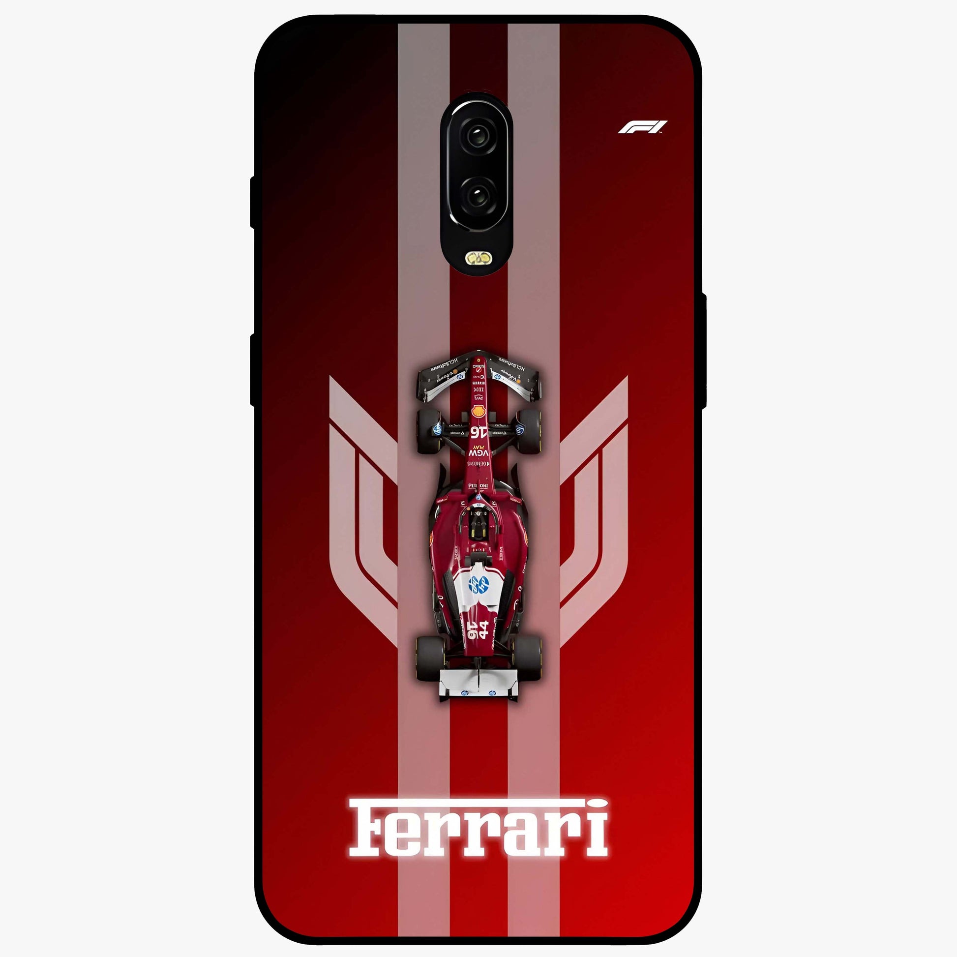 Red Ferrari F1 Vertical Glass Case showing flat back view with sleek Formula racing car artwork and glossy glass finish.