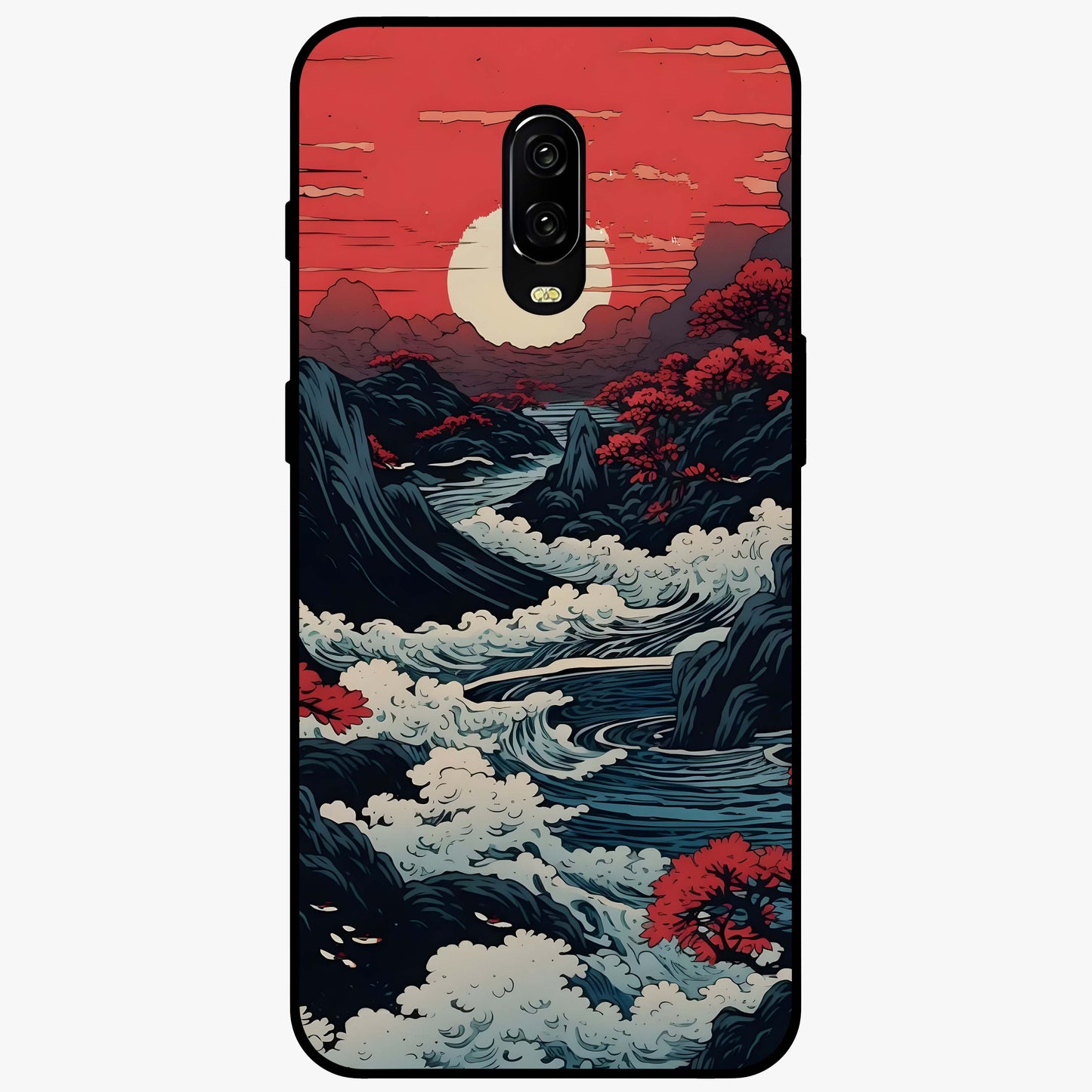 Red Sunset Scenery Glass Case showing flat back view with vibrant sunset landscape artwork and glossy glass finish.