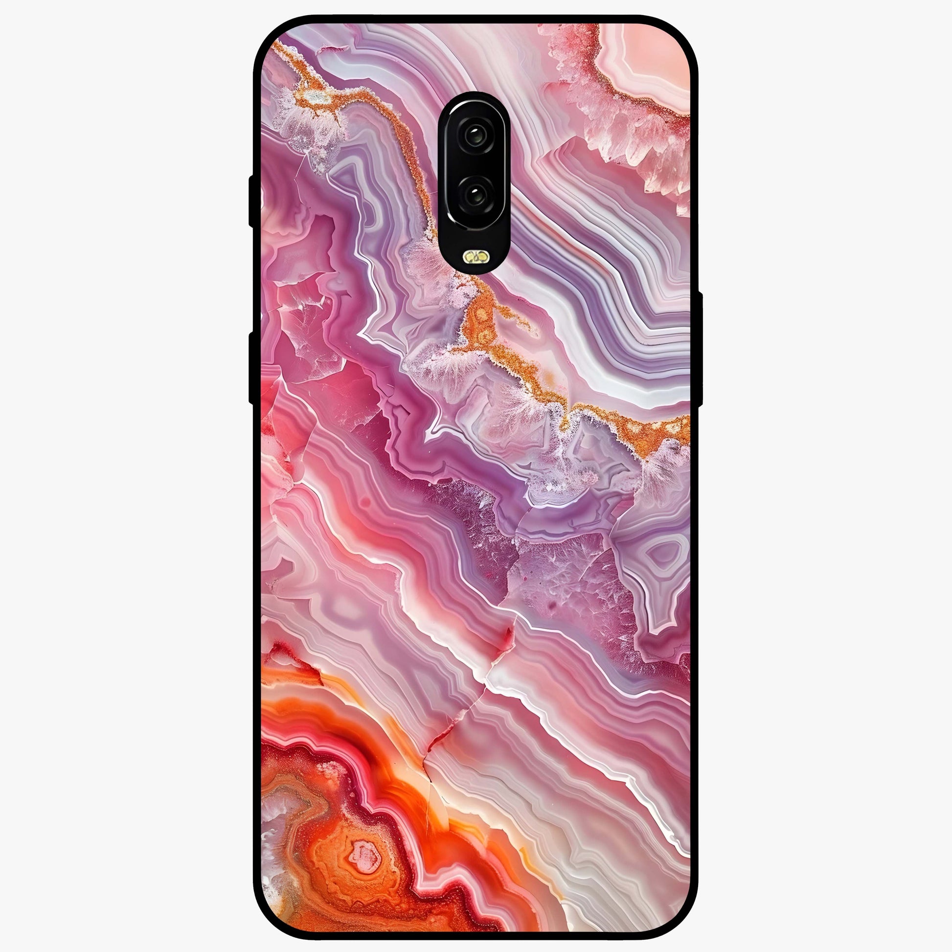 Rose Quartz Marble Glass Case showing flat back view with pink marble quartz texture artwork and glossy glass finish.