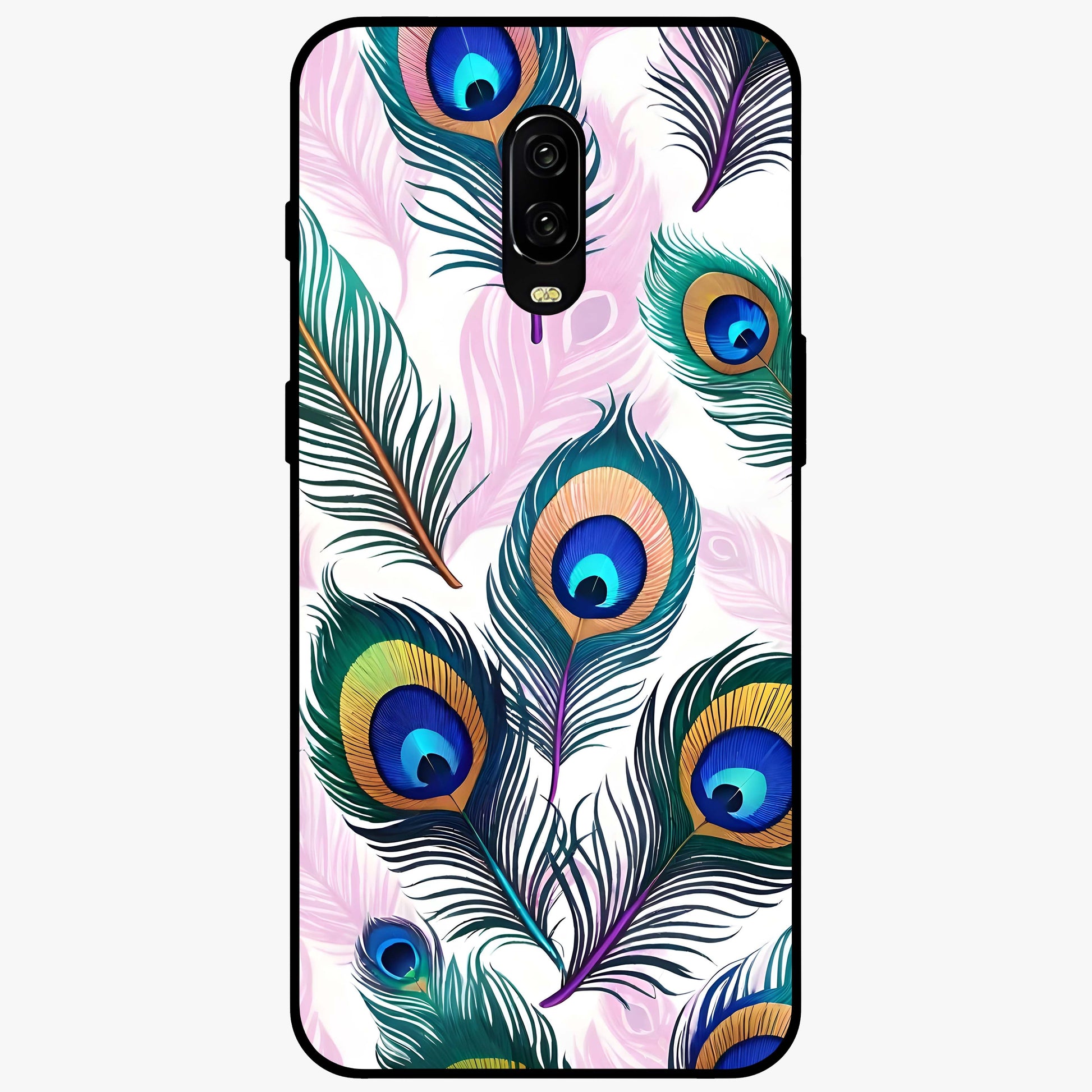Royal Peacock Feathers Glass Case showing flat back view with colorful peacock feather artwork and glossy glass finish.