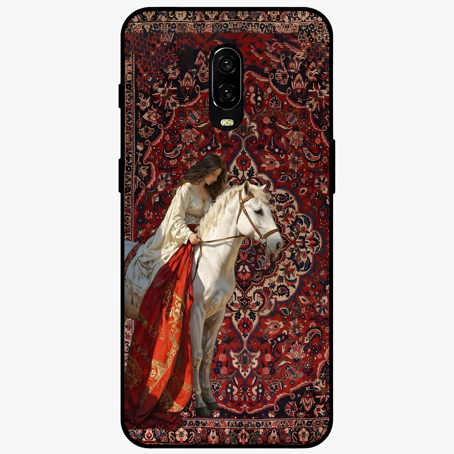 Royal Rider Tapestry Glass Case showing flat back view with majestic horse rider tapestry artwork and glossy glass finish.