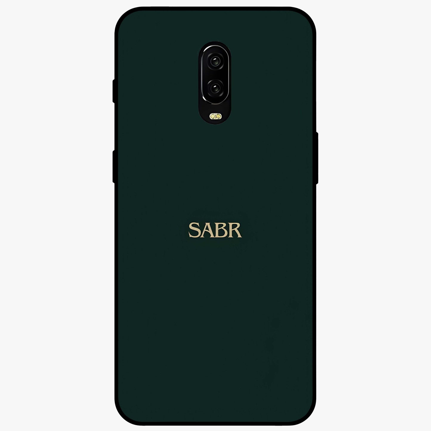 Sabr Minimal Patience Glass Case showing flat back view with minimalist typography artwork and glossy glass finish.