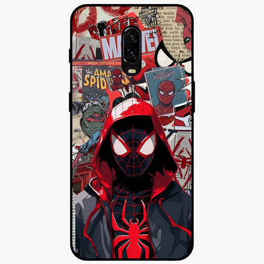 Spider Collage Street Glass Case showing flat back view with vibrant superhero collage artwork and glossy glass finish.