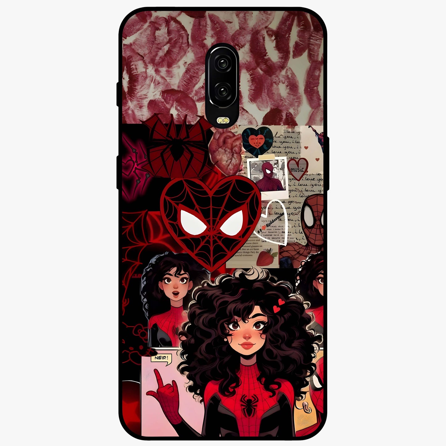Spider Love Story Glass Case showing flat back view with romantic superhero themed artwork and glossy glass finish.