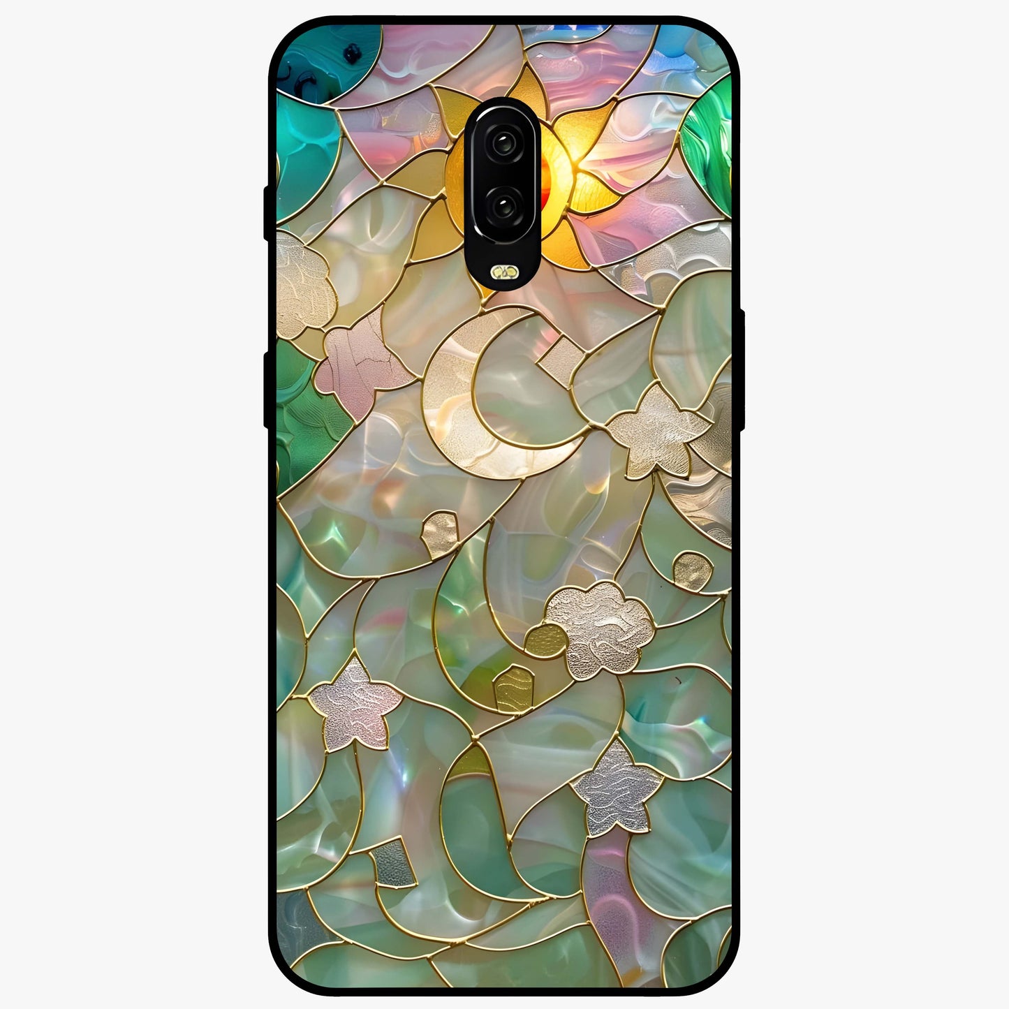 Stained Sunrise Glow Glass Case showing flat back view with glowing sunrise stained pattern artwork and glossy glass finish.