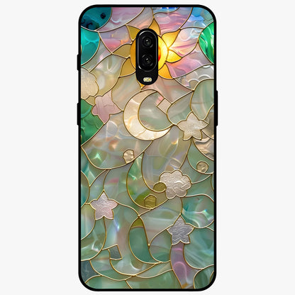 Stained Sunrise Glow Glass Case showing flat back view with glowing sunrise stained pattern artwork and glossy glass finish.