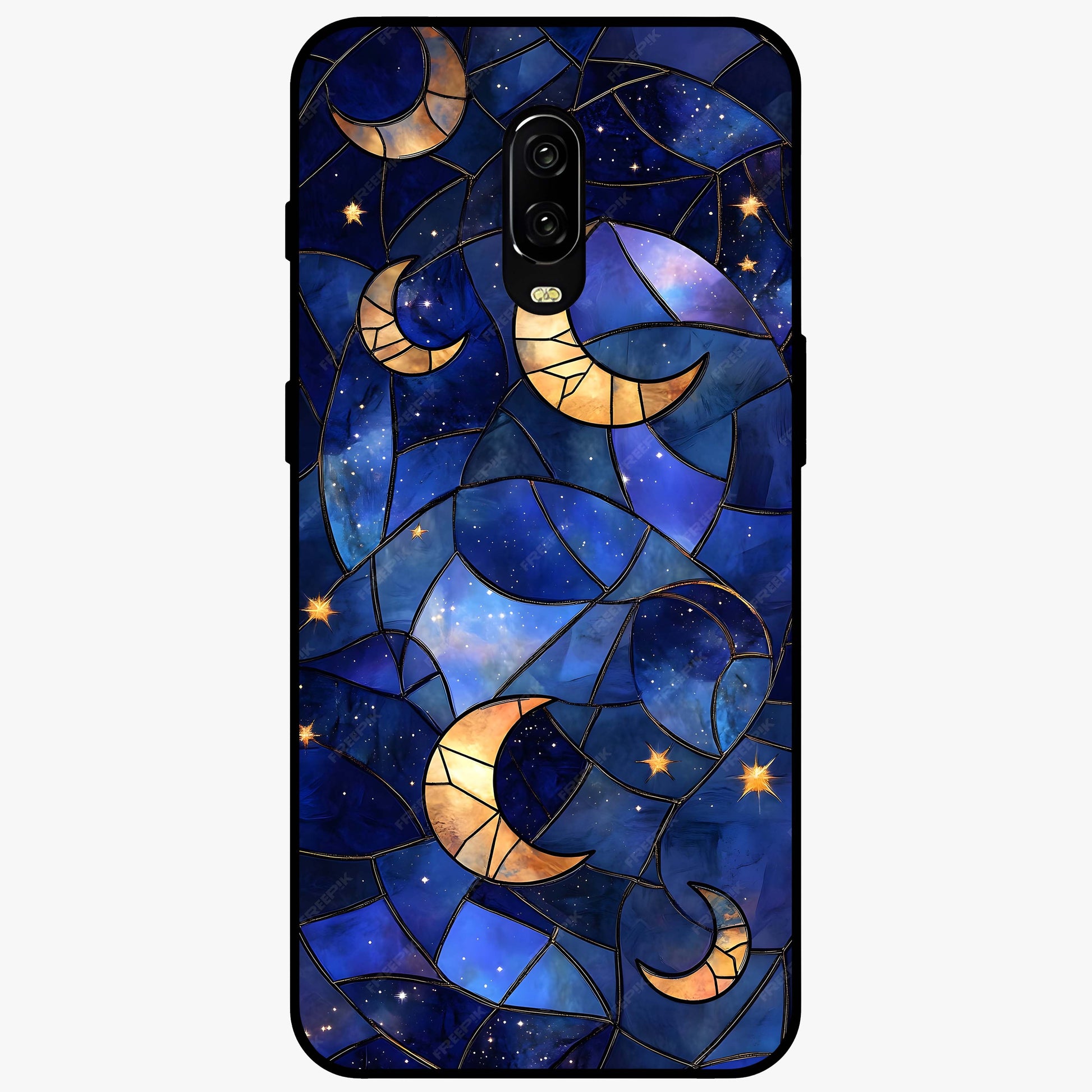Starlit Sky Tapestry Glass Case showing flat back view with decorative starry sky tapestry artwork and glossy glass finish.