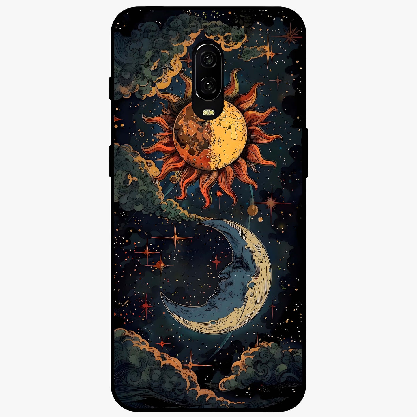 Sun And Moon Magic Design Glass Case showing flat back view with mystical sun and moon artwork and glossy glass finish.