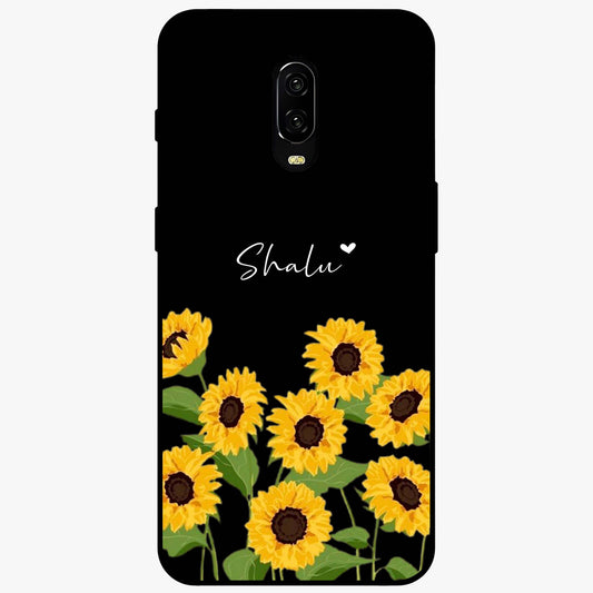 Sunflower Chic Mood Custom Name Glass Case showing flat back view with stylish sunflower artwork and personalized name design.